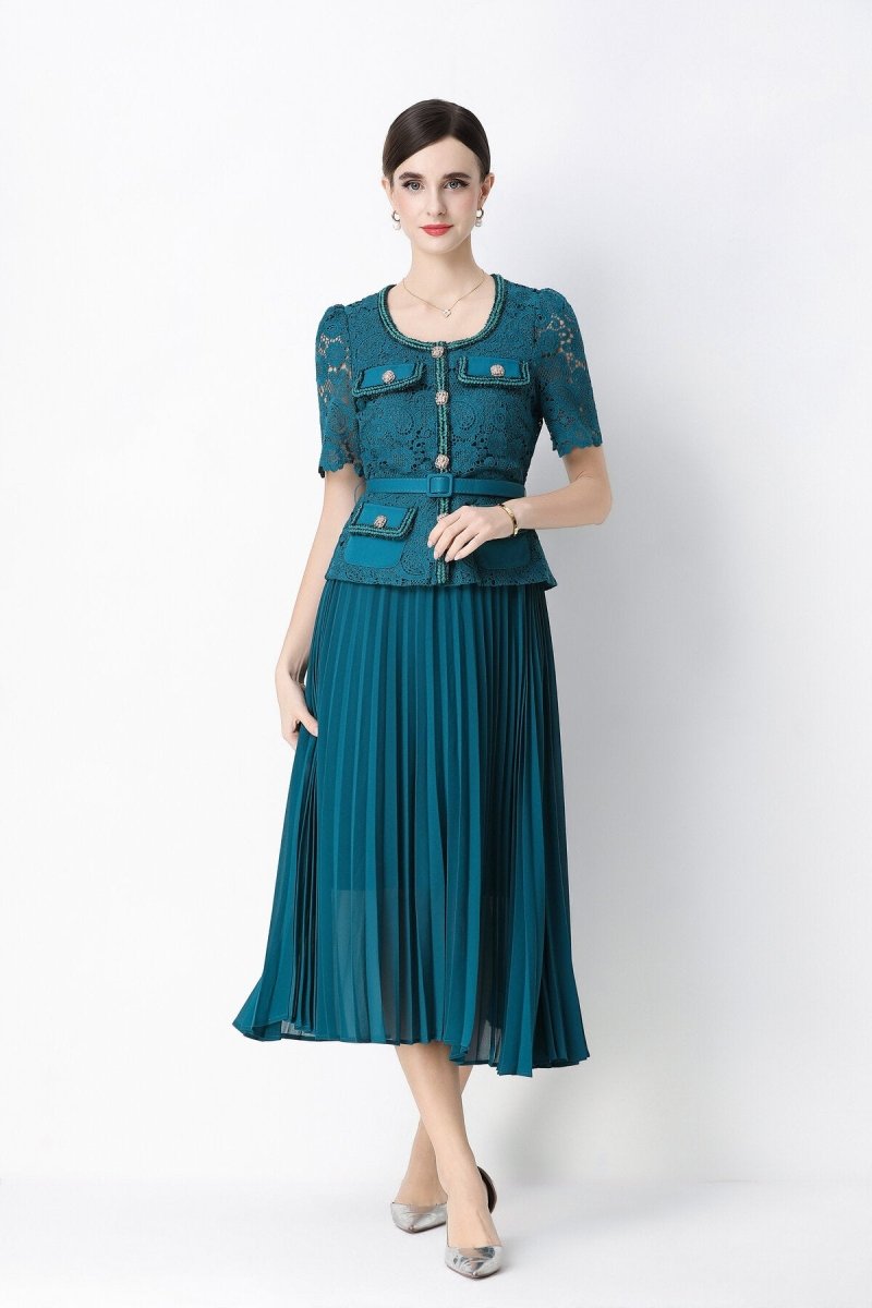 Short Sleeve Lace Peplum Jacket & Pleated Skirt Set