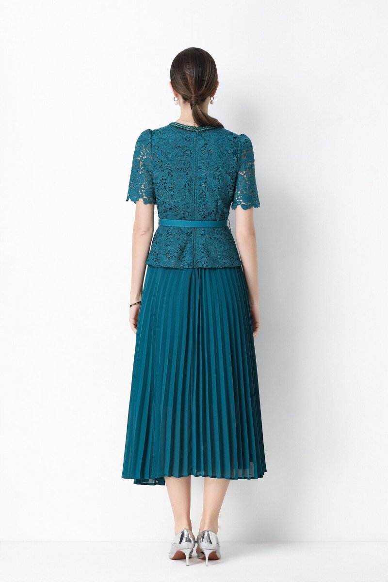 Short Sleeve Lace Peplum Jacket & Pleated Skirt Set