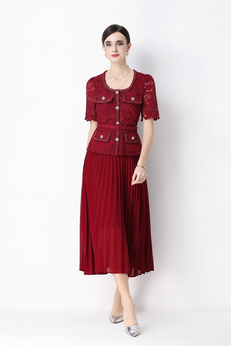 Short Sleeve Lace Peplum Jacket & Pleated Skirt Set