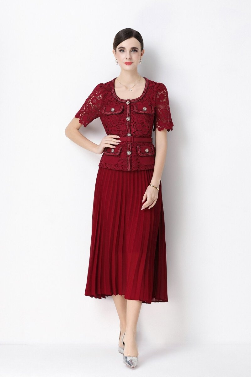 Short Sleeve Lace Peplum Jacket & Pleated Skirt Set