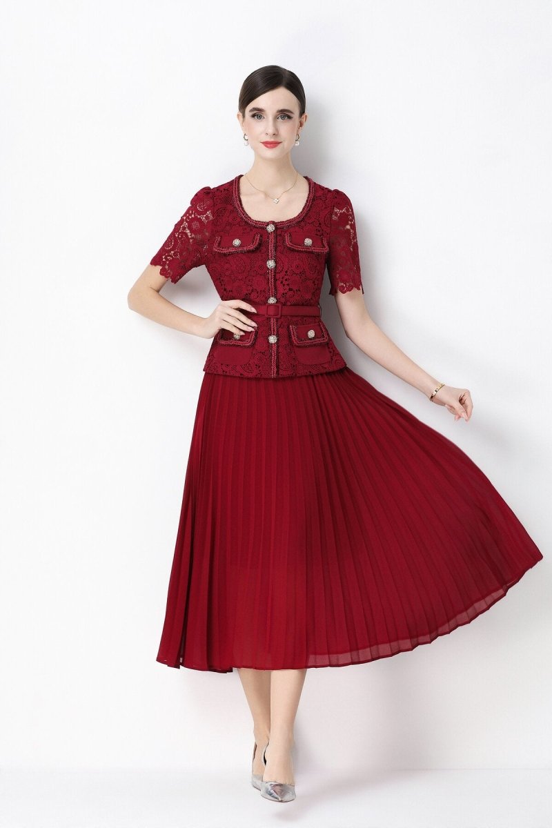 Short Sleeve Lace Peplum Jacket & Pleated Skirt Set