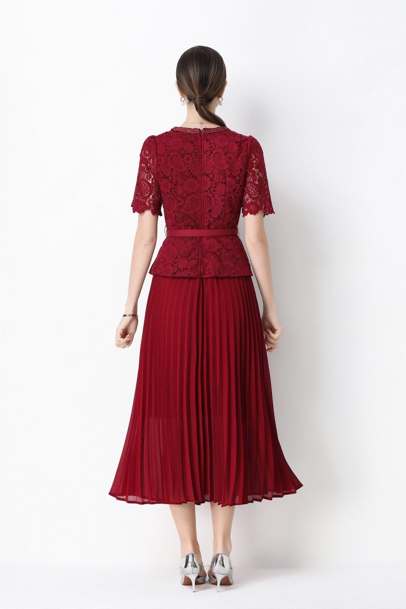 Short Sleeve Lace Peplum Jacket & Pleated Skirt Set