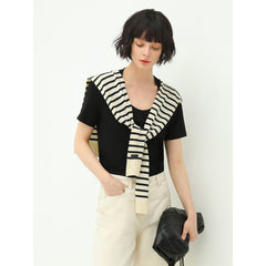 Short Sleeved Black Tee with Striped Shawl