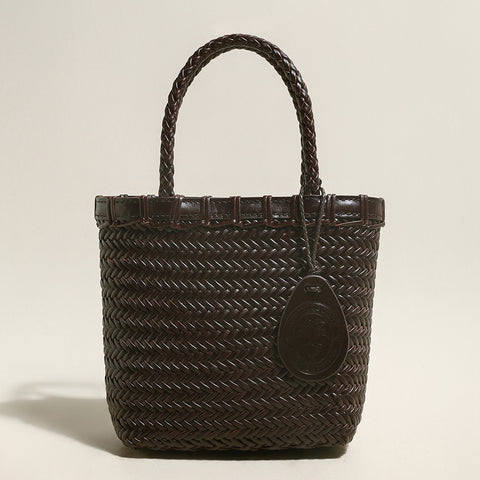 Siena Handwoven Calf Leather Basket Tote – Artisan Herringbone Leather Carryall with Signature Charm