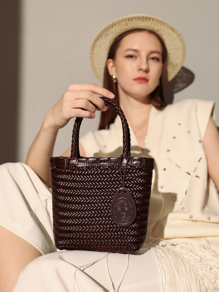 Siena Handwoven Calf Leather Basket Tote – Artisan Herringbone Leather Carryall with Signature Charm
