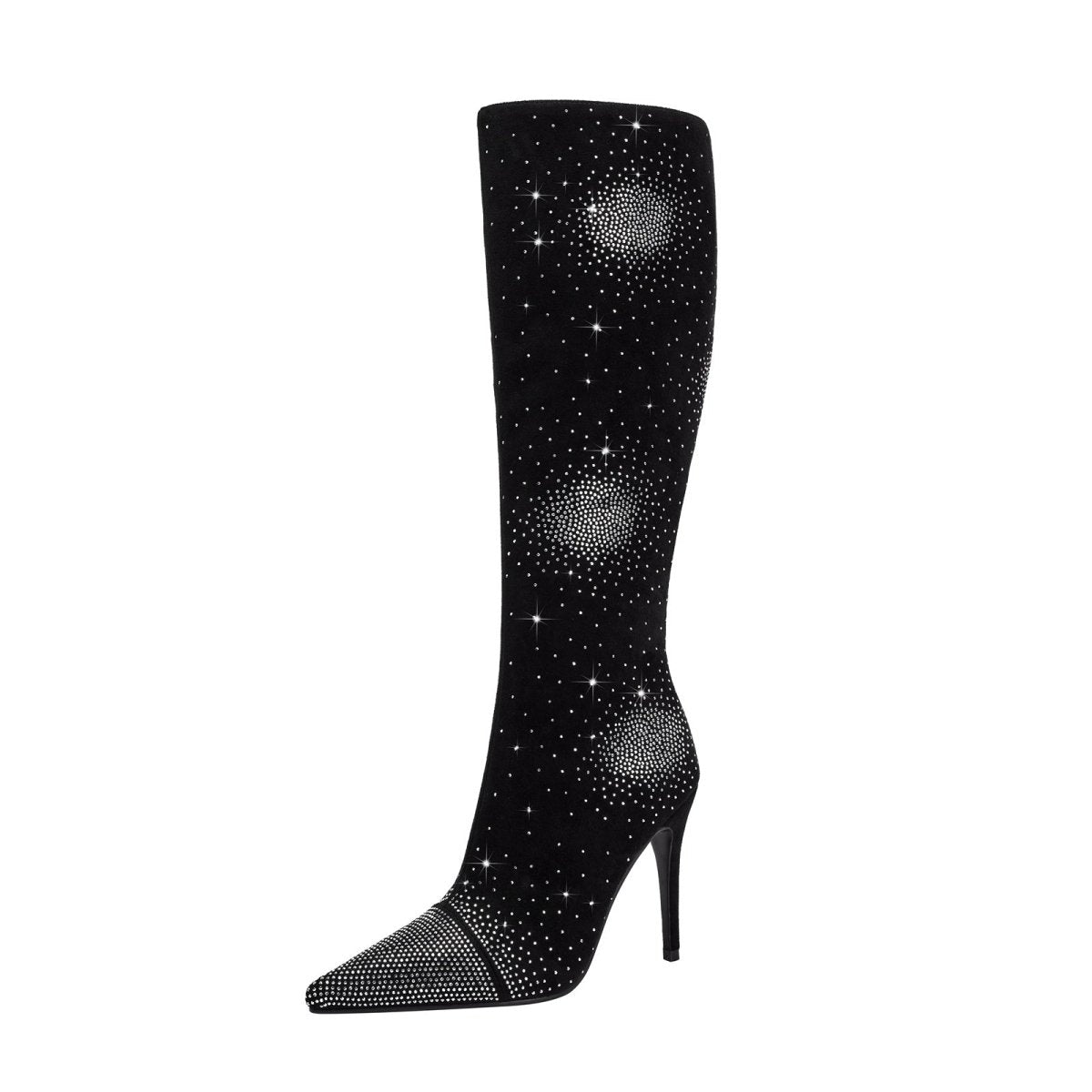 Silver Crystal Burst Black Pointed Knee High Boots - 0cm