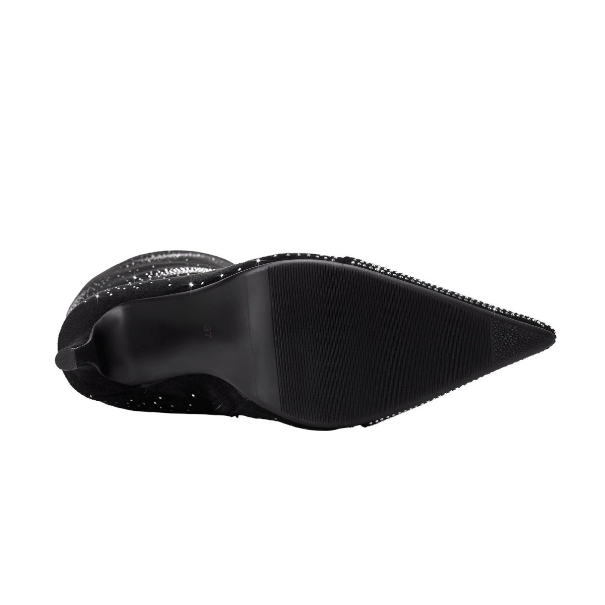 Silver Crystal Burst Black Pointed Knee High Boots - 0cm