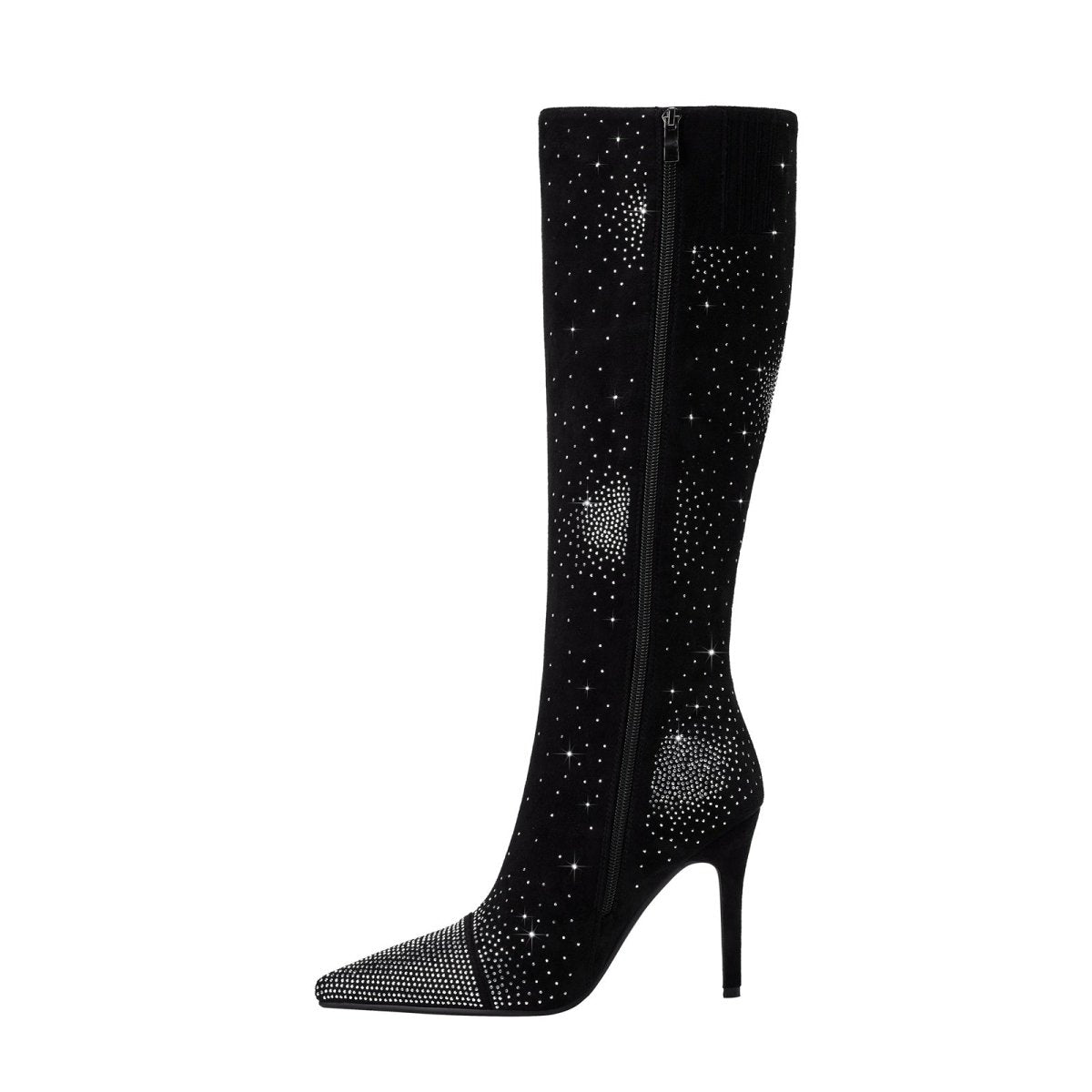 Silver Crystal Burst Black Pointed Knee High Boots - 0cm
