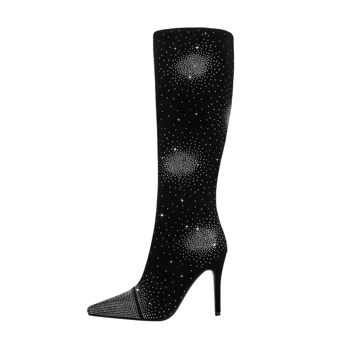 Silver Crystal Burst Black Pointed Knee High Boots - 0cm