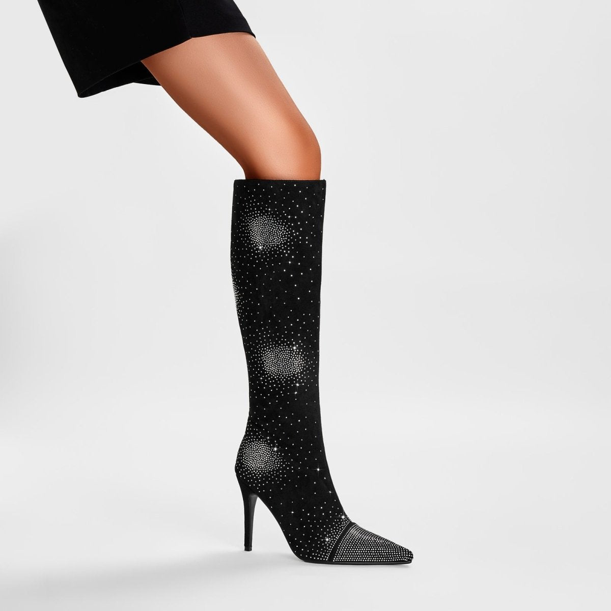 Silver Crystal Burst Black Pointed Knee High Boots - 0cm