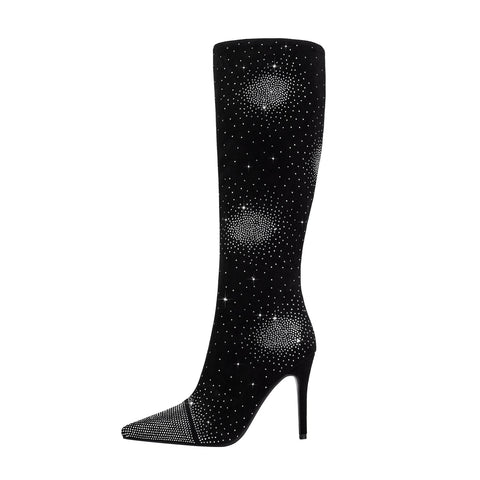 Silver Crystal Burst Black Pointed Knee High Boots