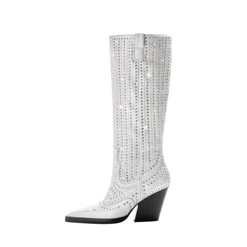 SIlver Embellished Glam Knee High Boots