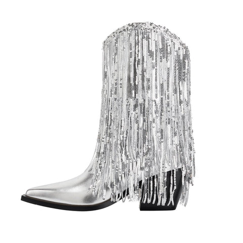 Silver Fringe Cowboy Ankle Boots