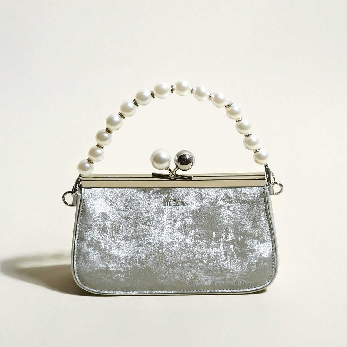 silver pearl ball clasp top handle bag silver 1