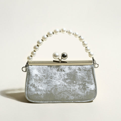 Silver Pearl Ball Clasp Top Handle Bag