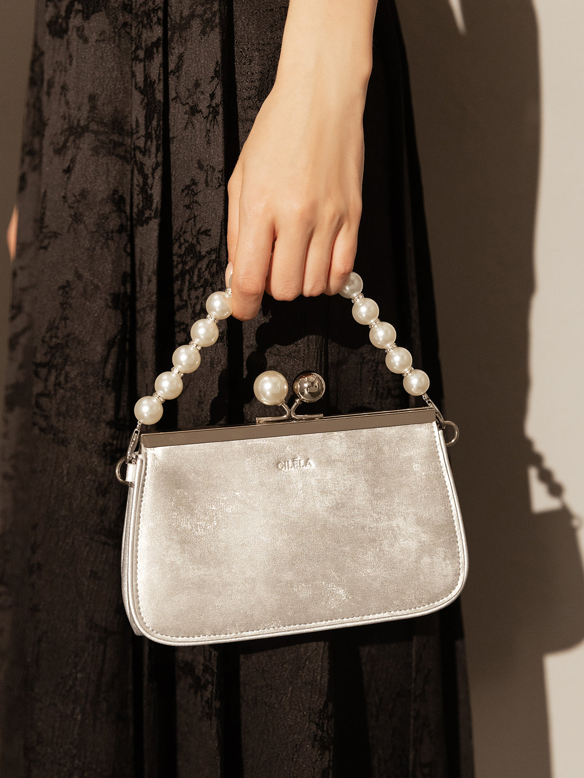 silver pearl ball clasp top handle bag silver 7