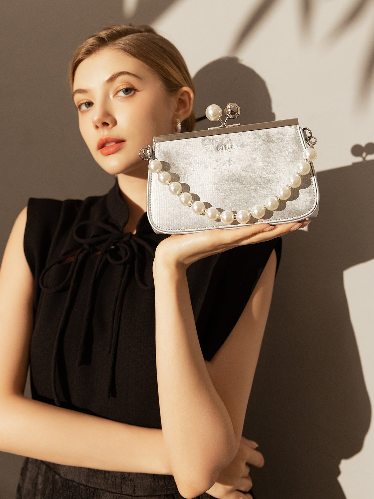 silver pearl ball clasp top handle bag silver 8