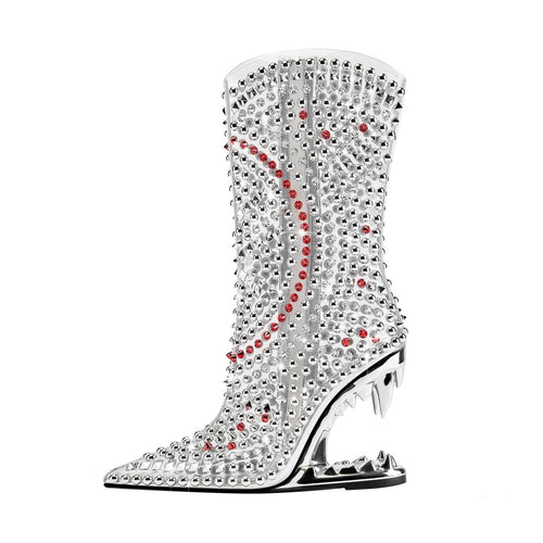 Silver Rivet Transparent Bite Heel Ankle Boots - 0cm