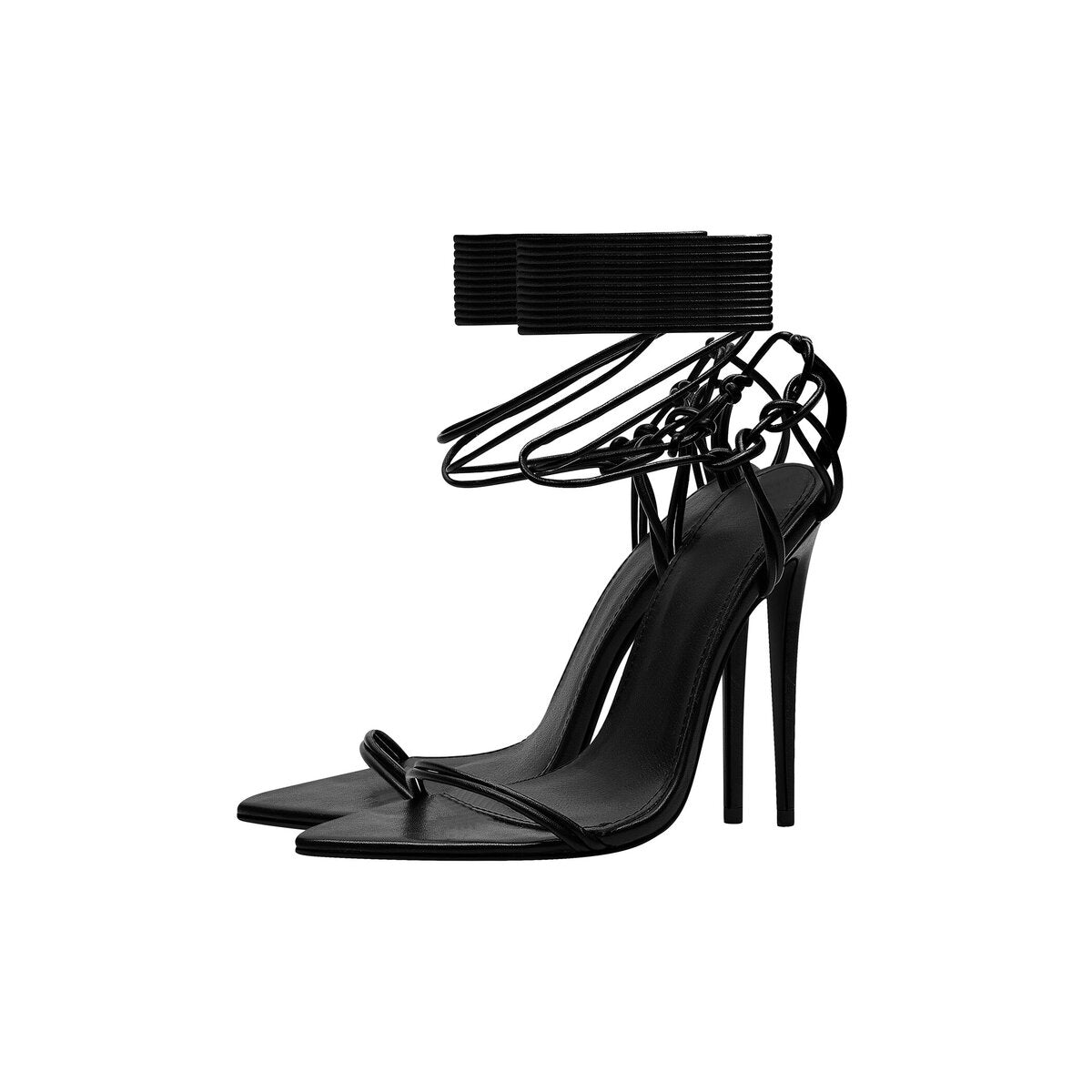 Skinny Strap Stiletto Sandals with Wraparound Ankle Ties
