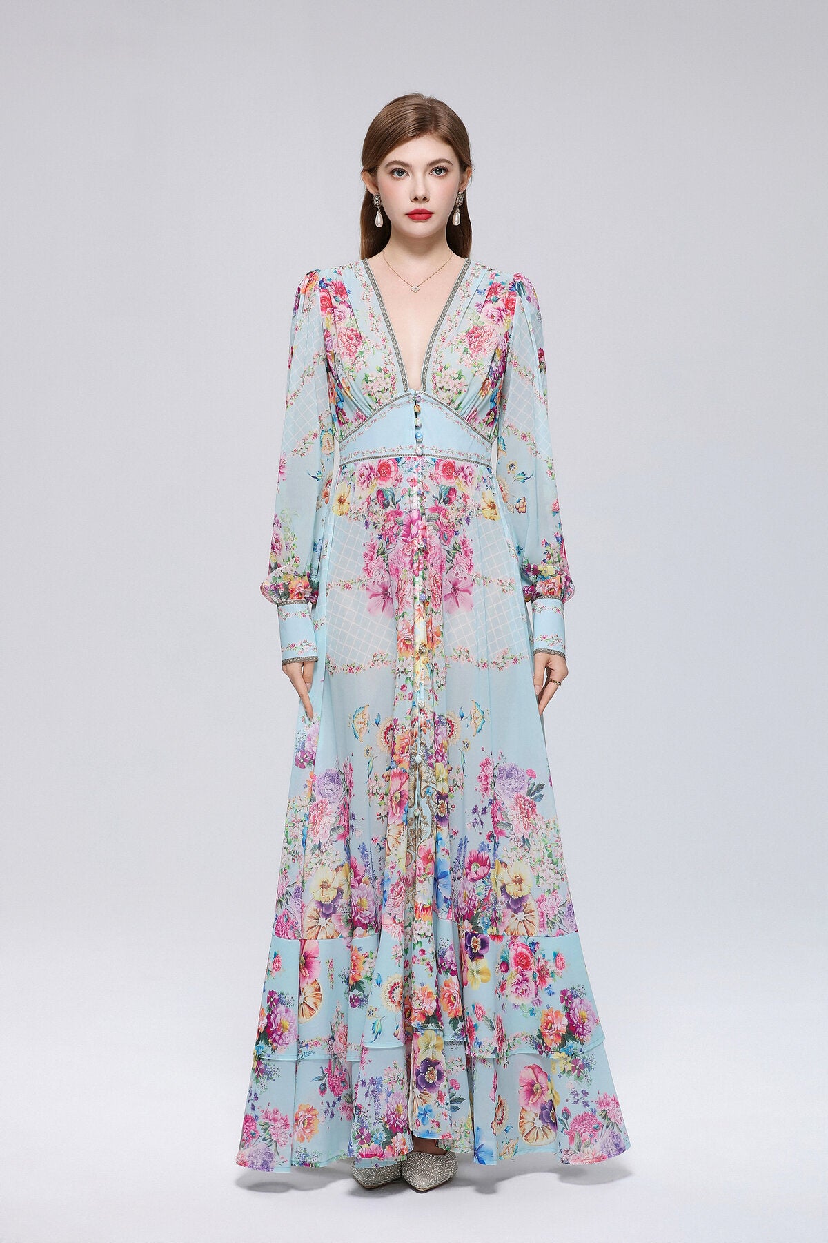 Sky Blue Floral Bouquet Maxi Dress
