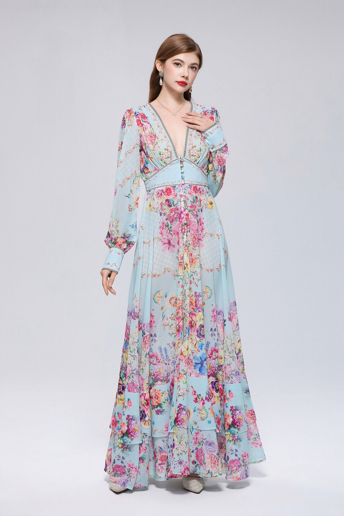 Sky Blue Floral Bouquet Maxi Dress
