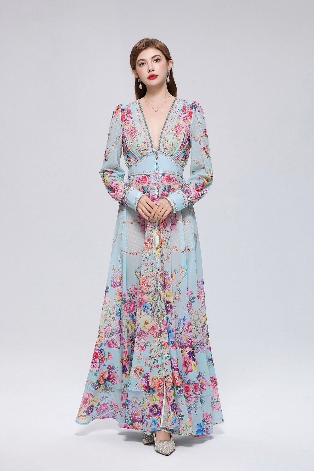 Sky Blue Floral Bouquet Maxi Dress