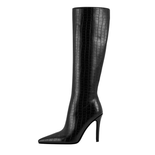 Sleek Black Leather Pointed Knee High Boots - 0cm