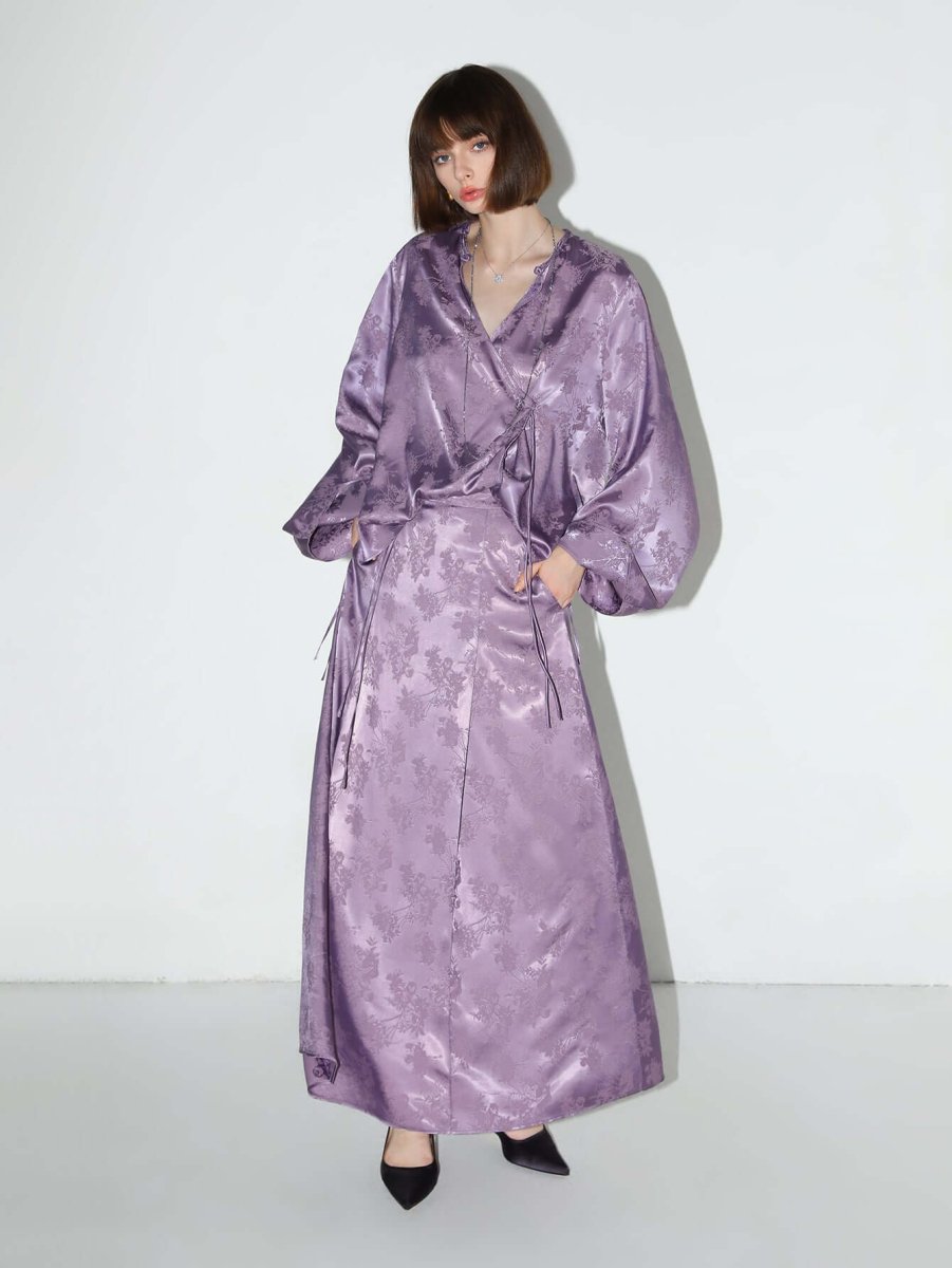 Sleek Purple Floral Jacquard Pattern Satin Skirt - 0cm