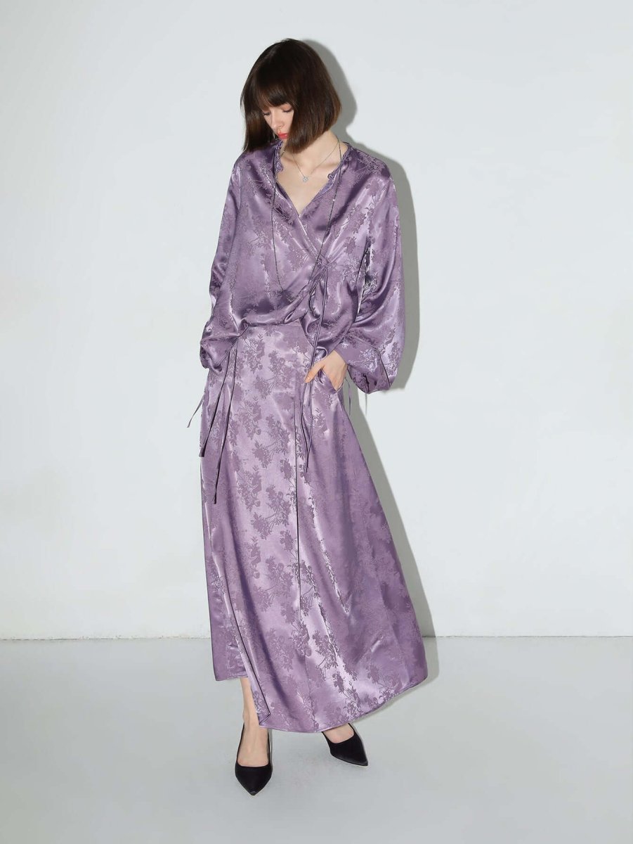 Sleek Purple Floral Jacquard Pattern Satin Skirt - 0cm