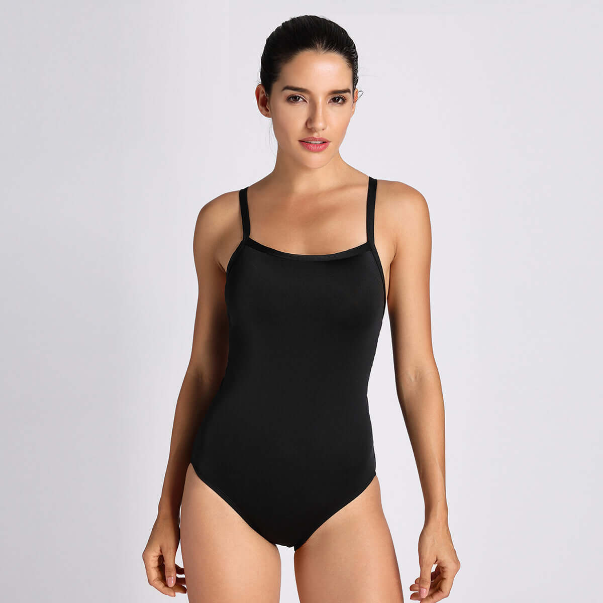 sleek solid elite training athletic one piece swimsuit all black 1