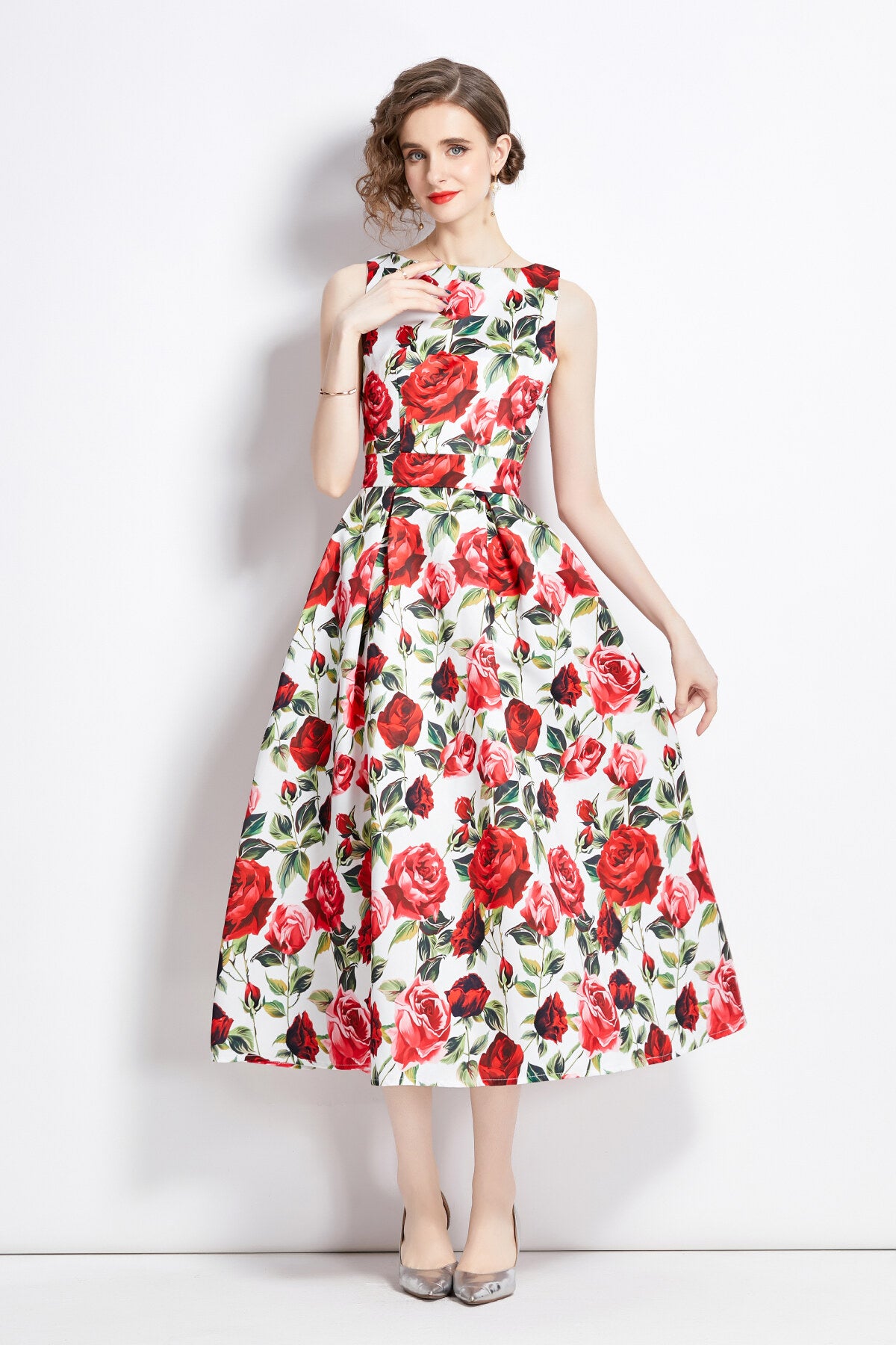 sleeveless form fitting rose floral a line dress all floral 1