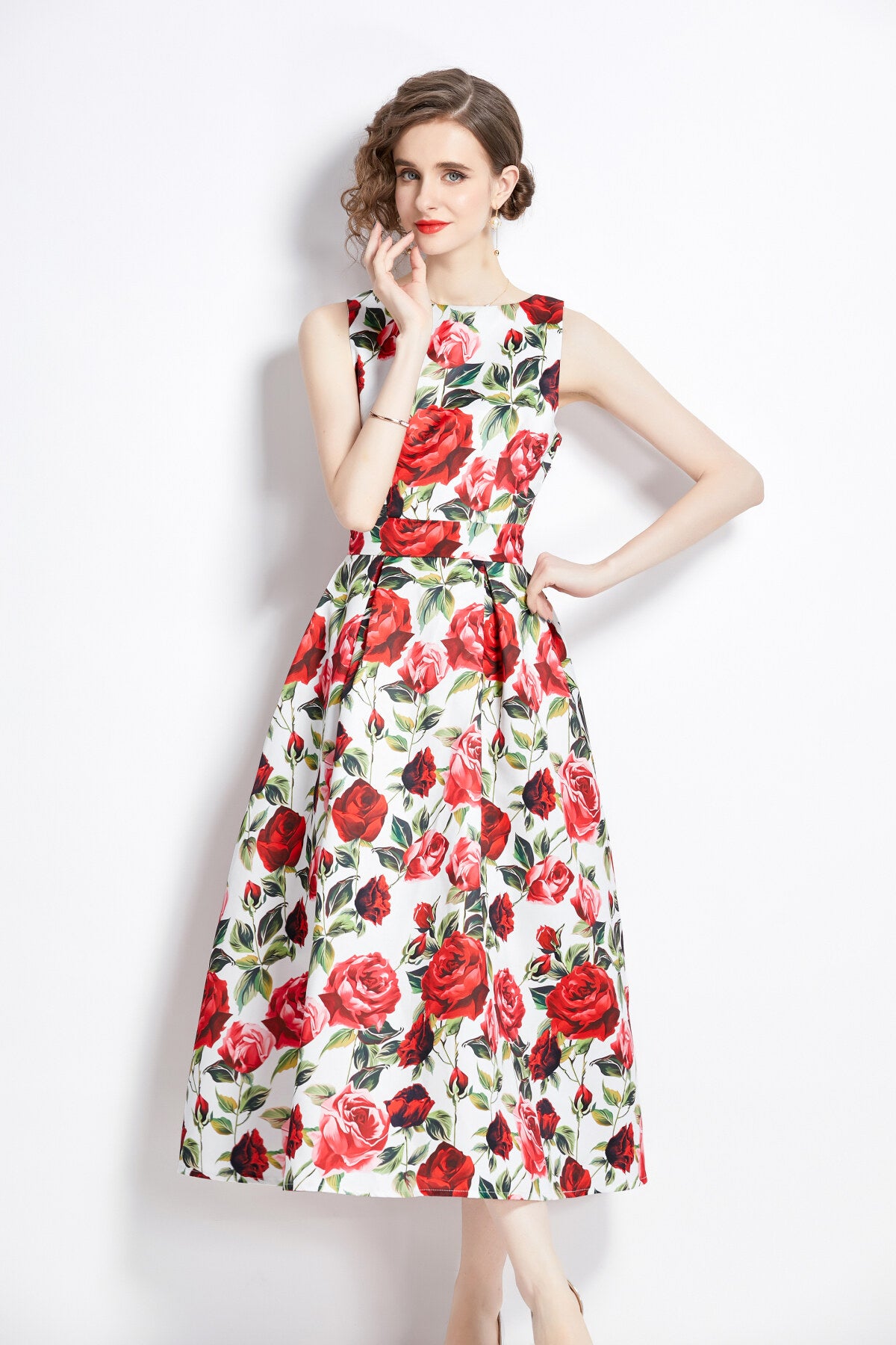 sleeveless form fitting rose floral a line dress all floral 2