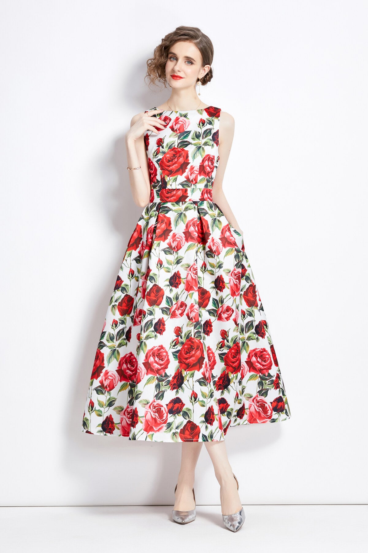 sleeveless form fitting rose floral a line dress all floral 3