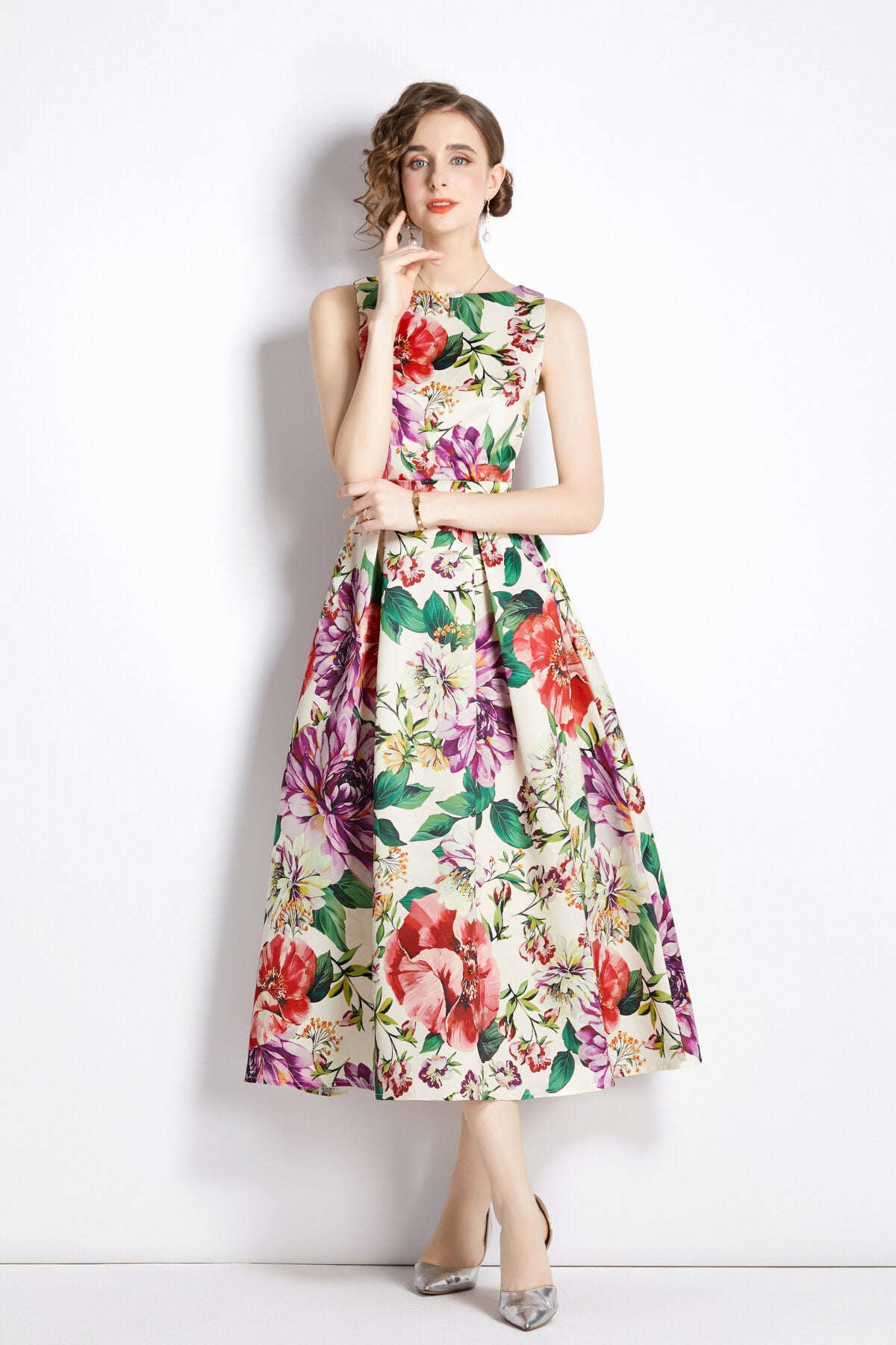 sleeveless high waist structured a line dress all beige 1