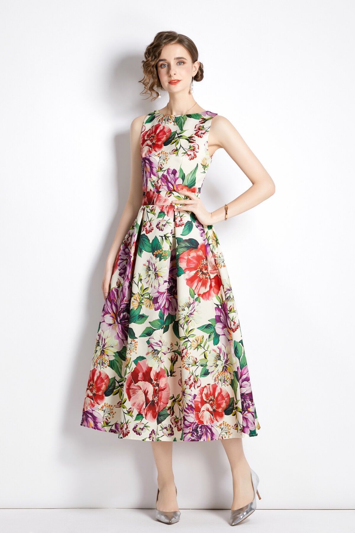 sleeveless high waist structured a line dress all beige 2