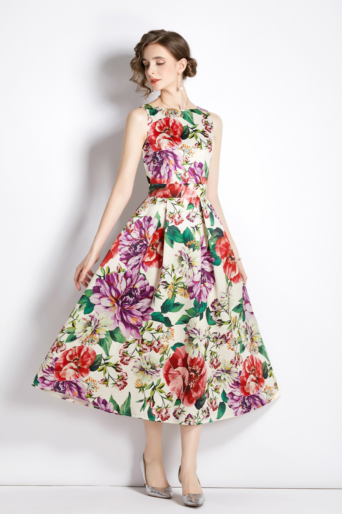 sleeveless high waist structured a line dress all beige 3