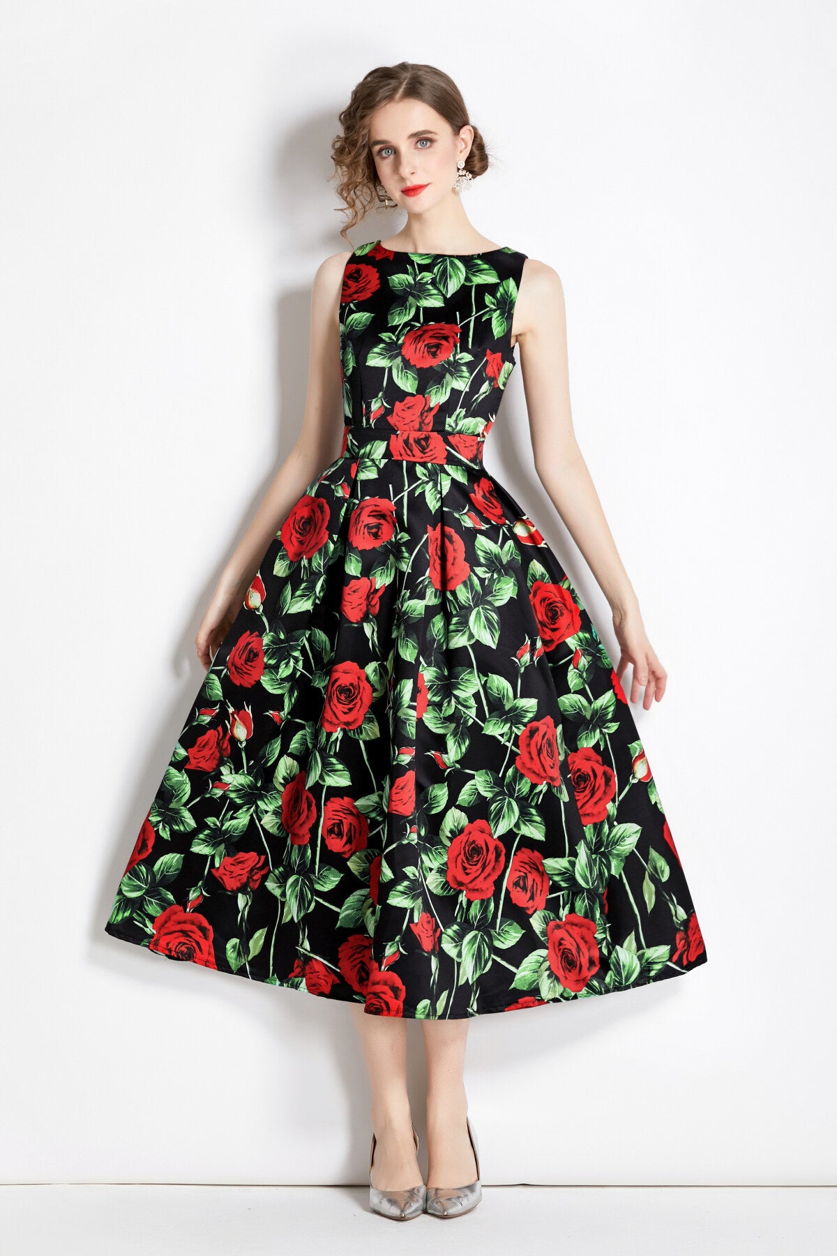 sleeveless high waist structured a line dress all black 1