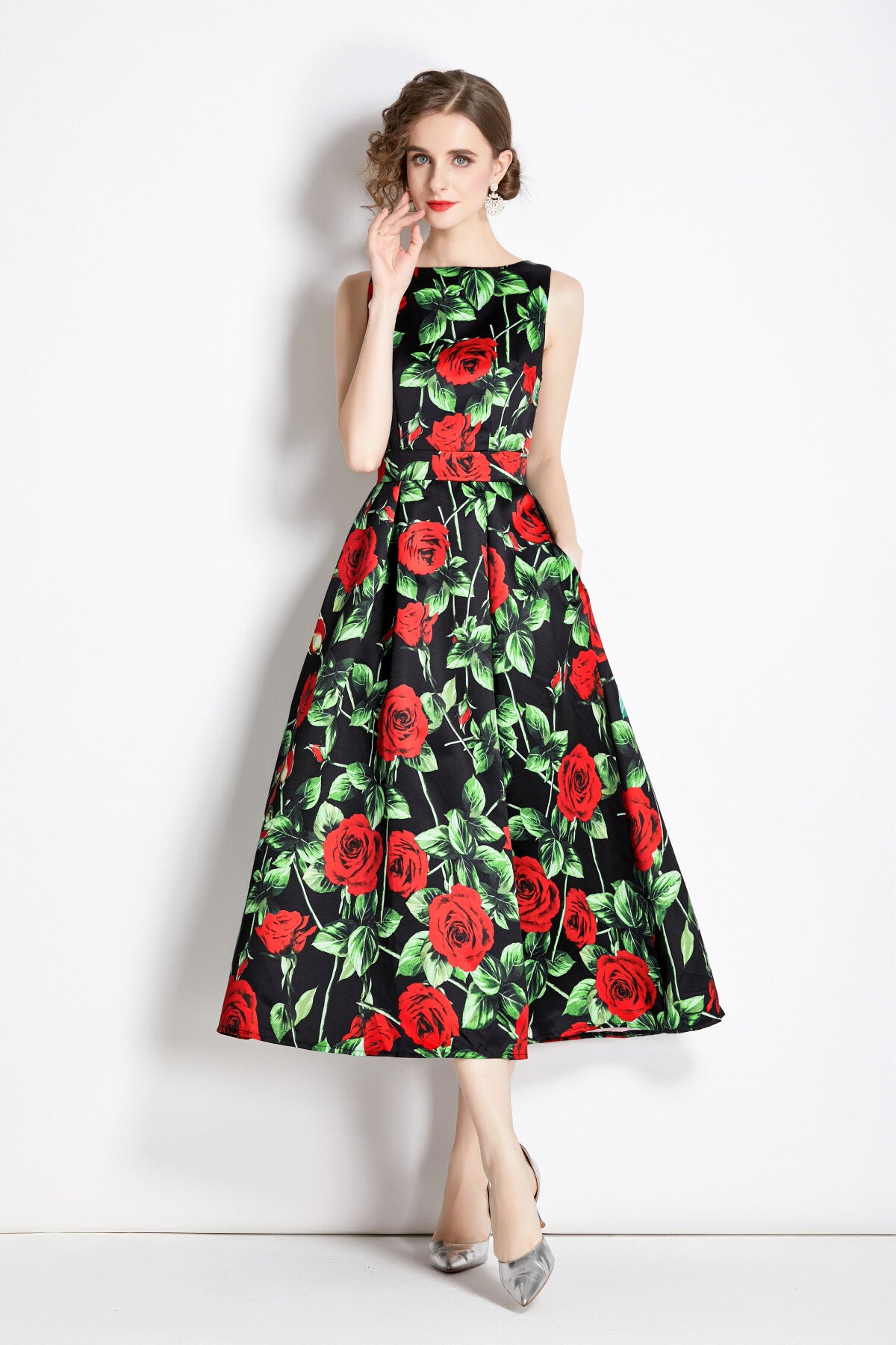 sleeveless high waist structured a line dress all black 2