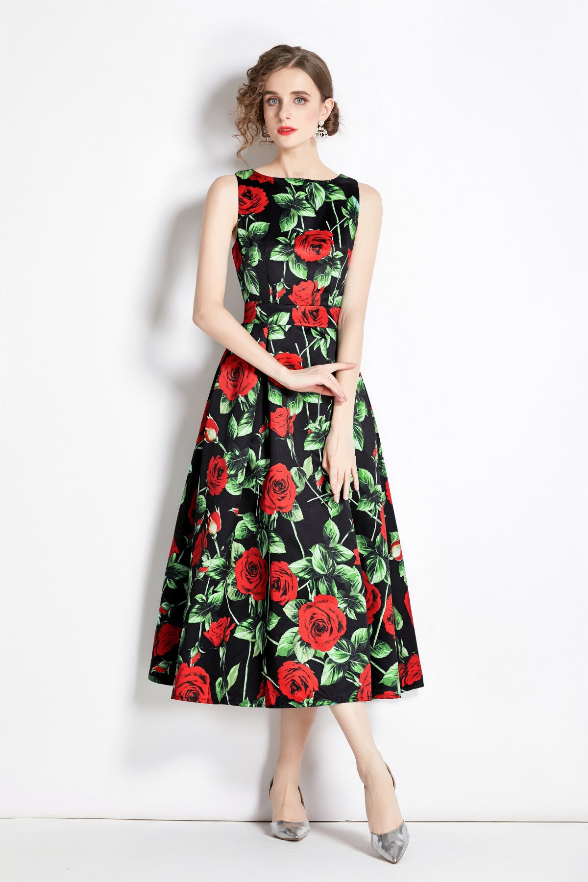 sleeveless high waist structured a line dress all black 3