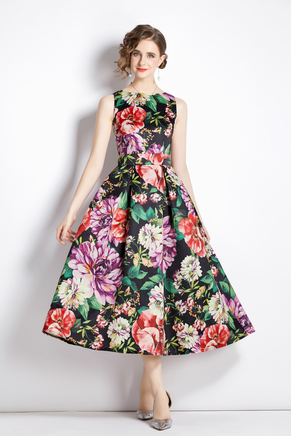 sleeveless high waist structured a line dress all floral 1