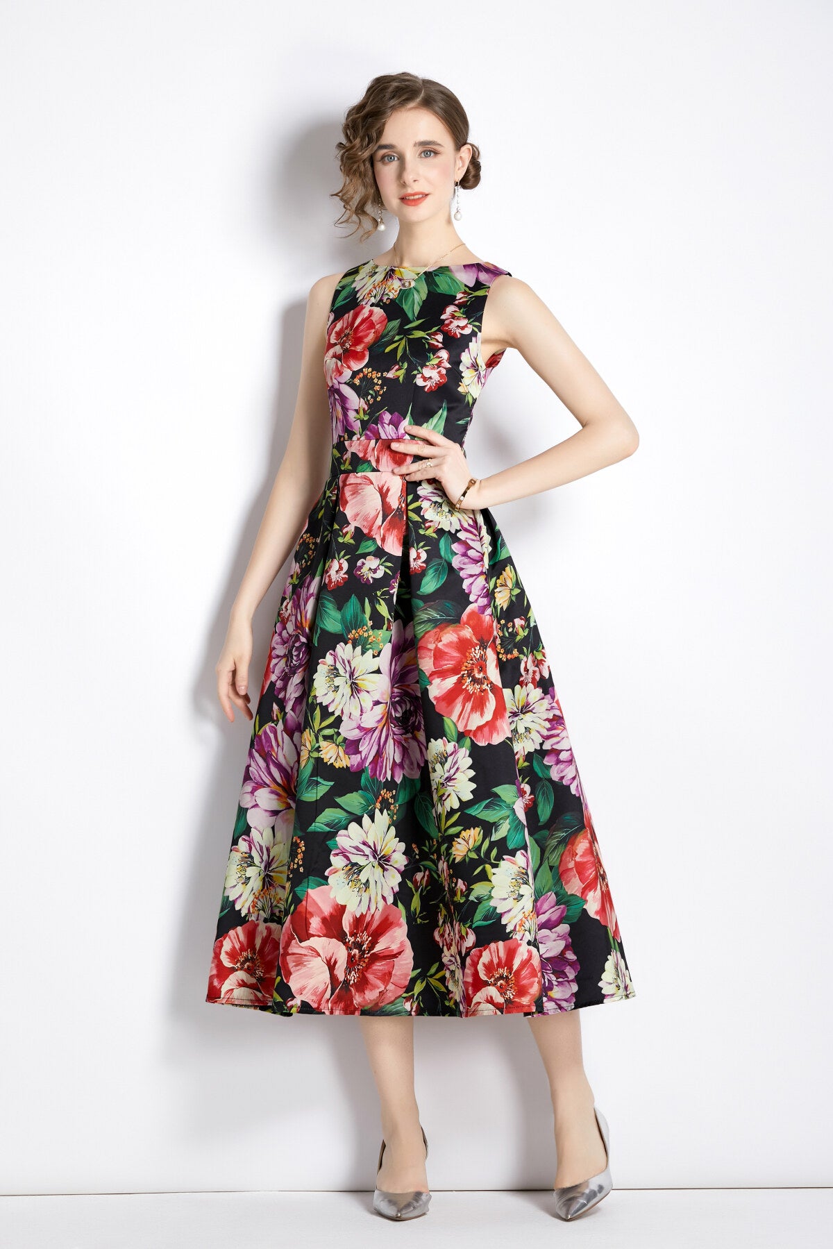 sleeveless high waist structured a line dress all floral 2