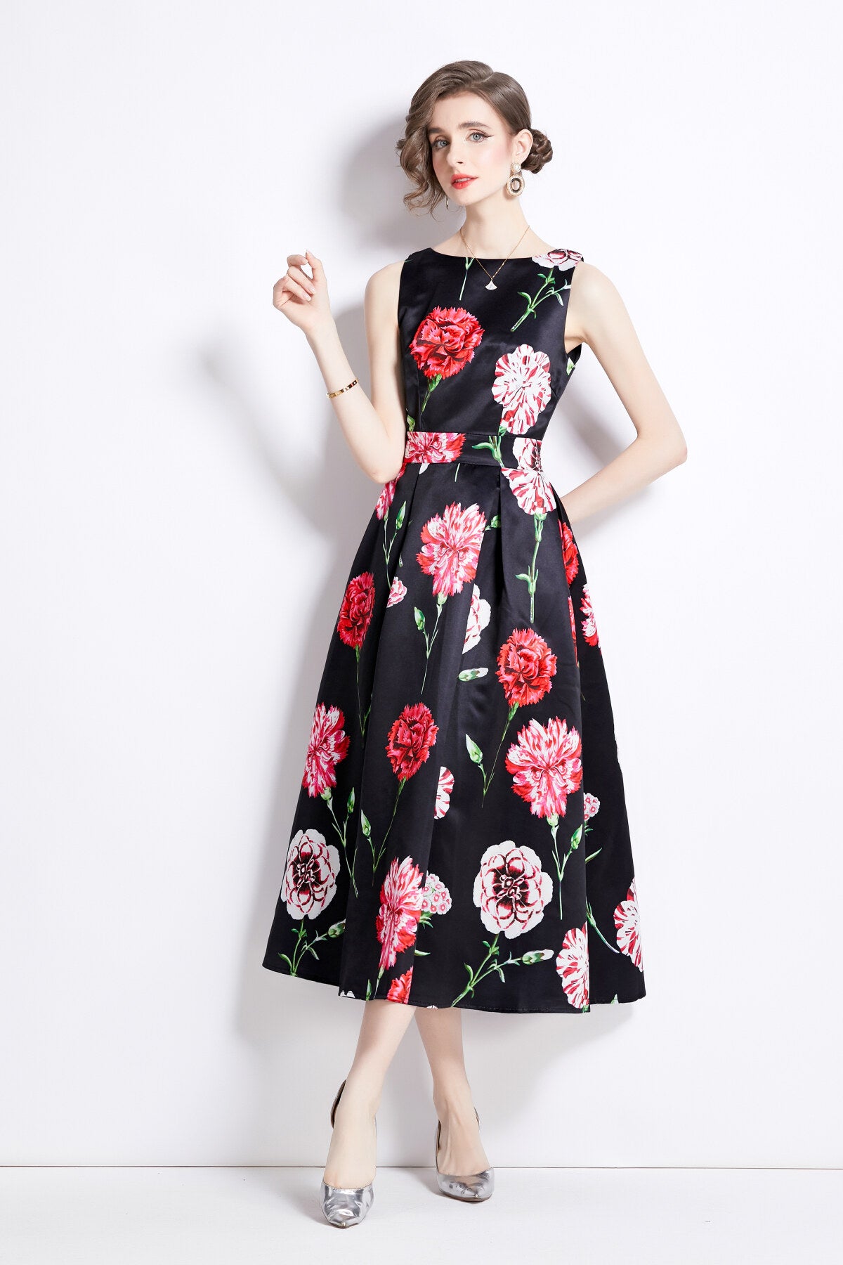 sleeveless high waist tailored fit and flare a line dress all black 2