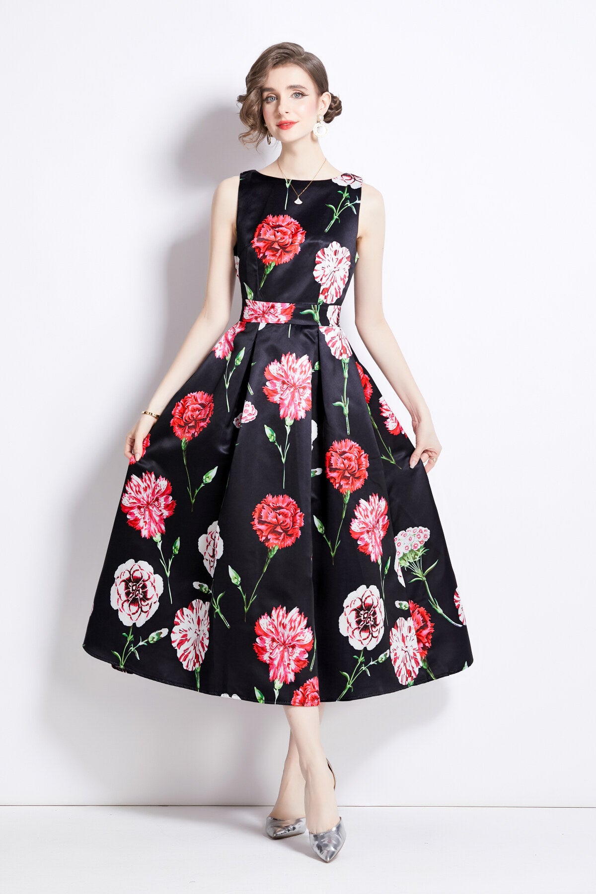 sleeveless high waist tailored fit and flare a line dress all black 3