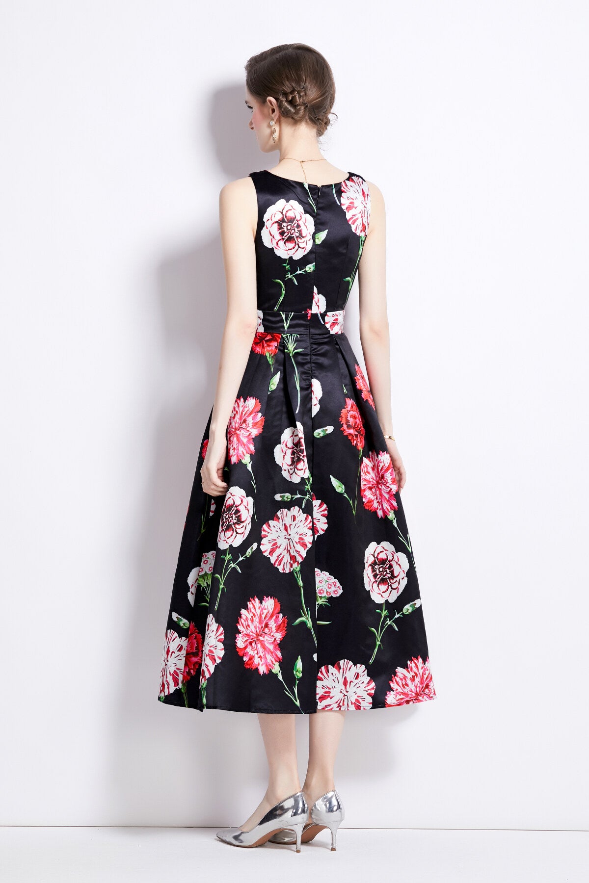 sleeveless high waist tailored fit and flare a line dress all black 4