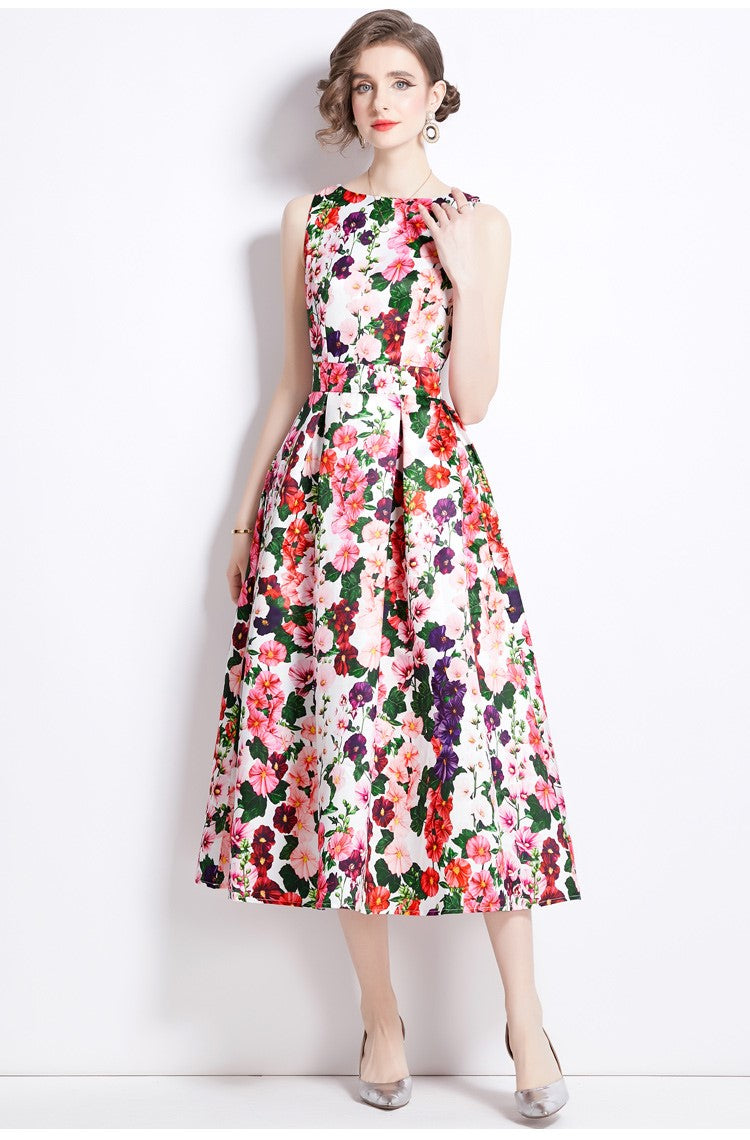 sleeveless high waist tailored fit and flare a line dress all floral 1