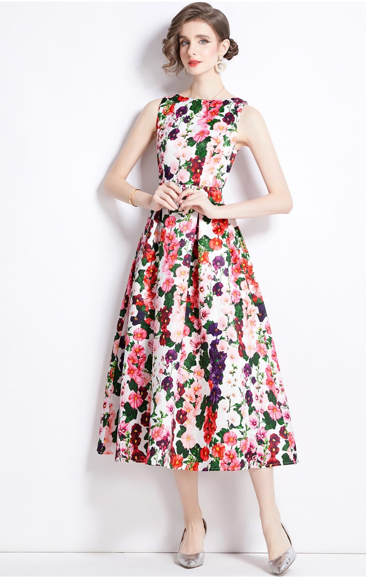 sleeveless high waist tailored fit and flare a line dress all floral 2