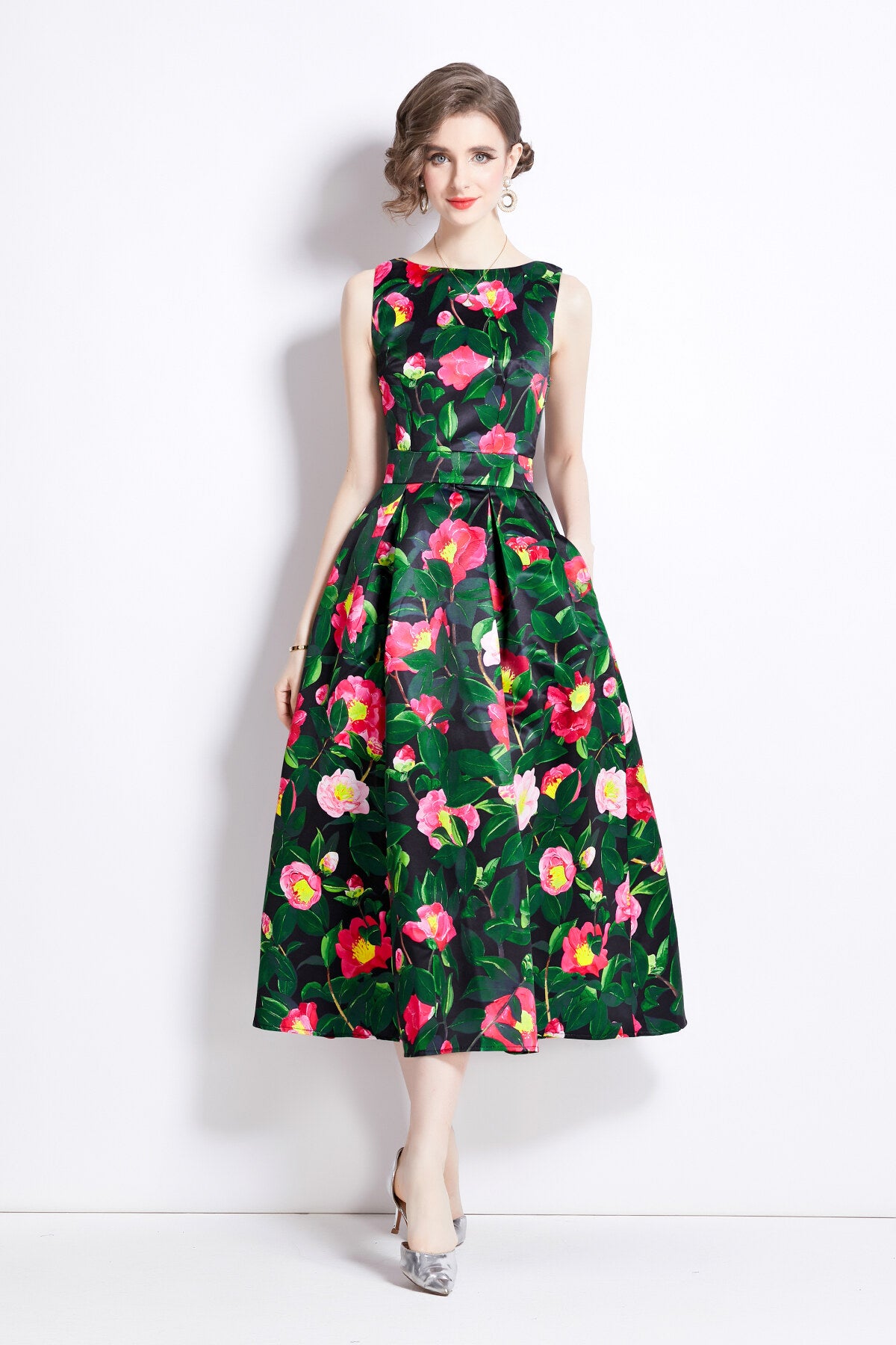 sleeveless high waist tailored fit and flare a line dress all green 1