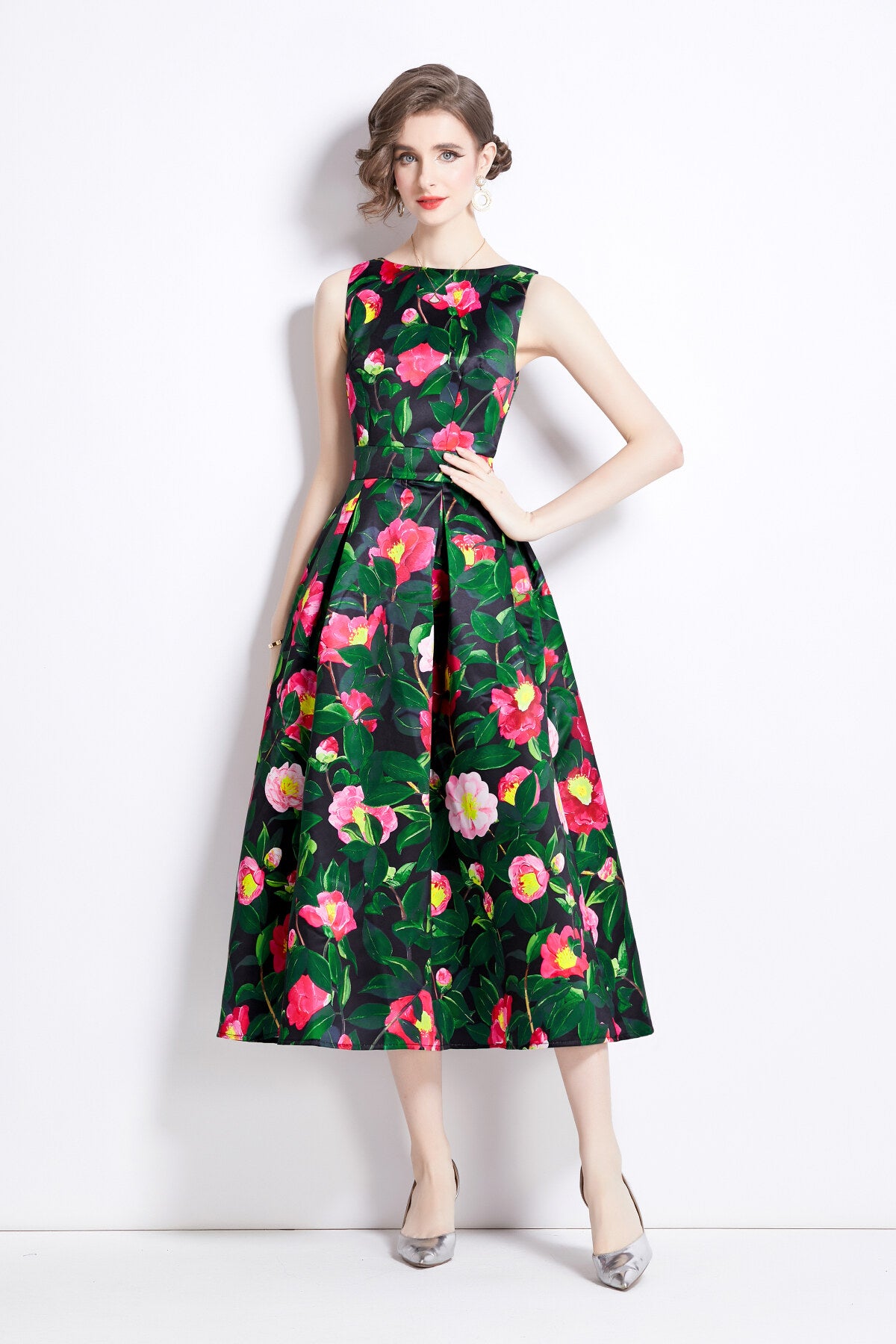 sleeveless high waist tailored fit and flare a line dress all green 2