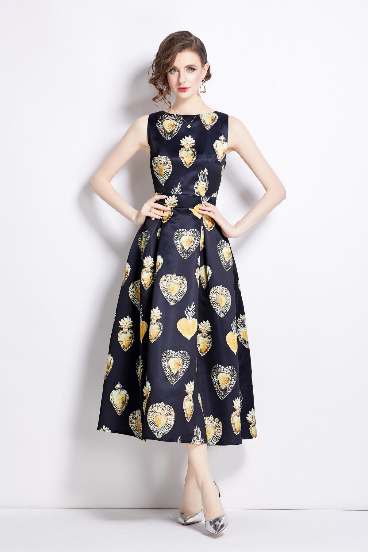 sleeveless high waisted a line tea dress all black 1