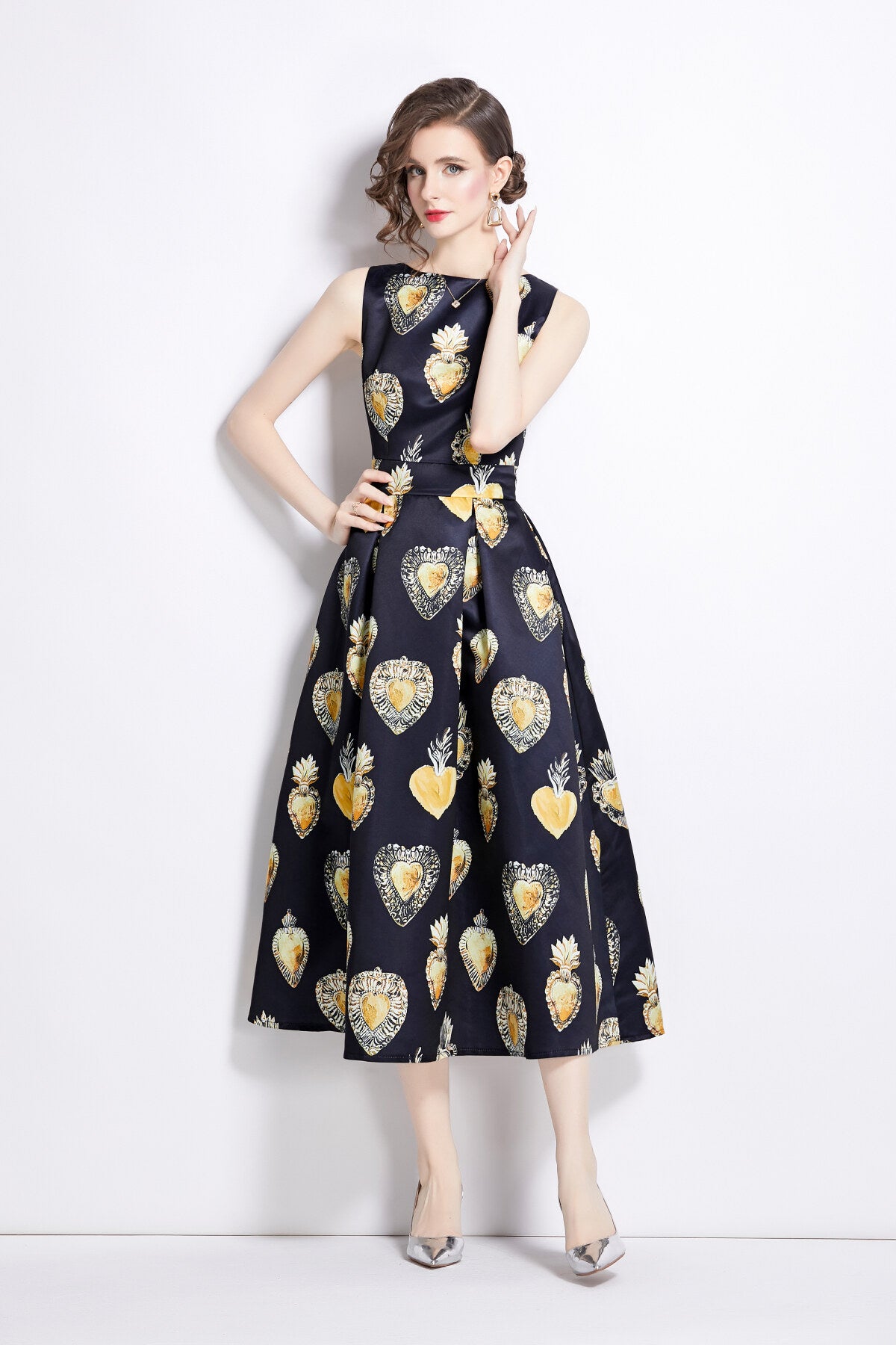 sleeveless high waisted a line tea dress all black 2